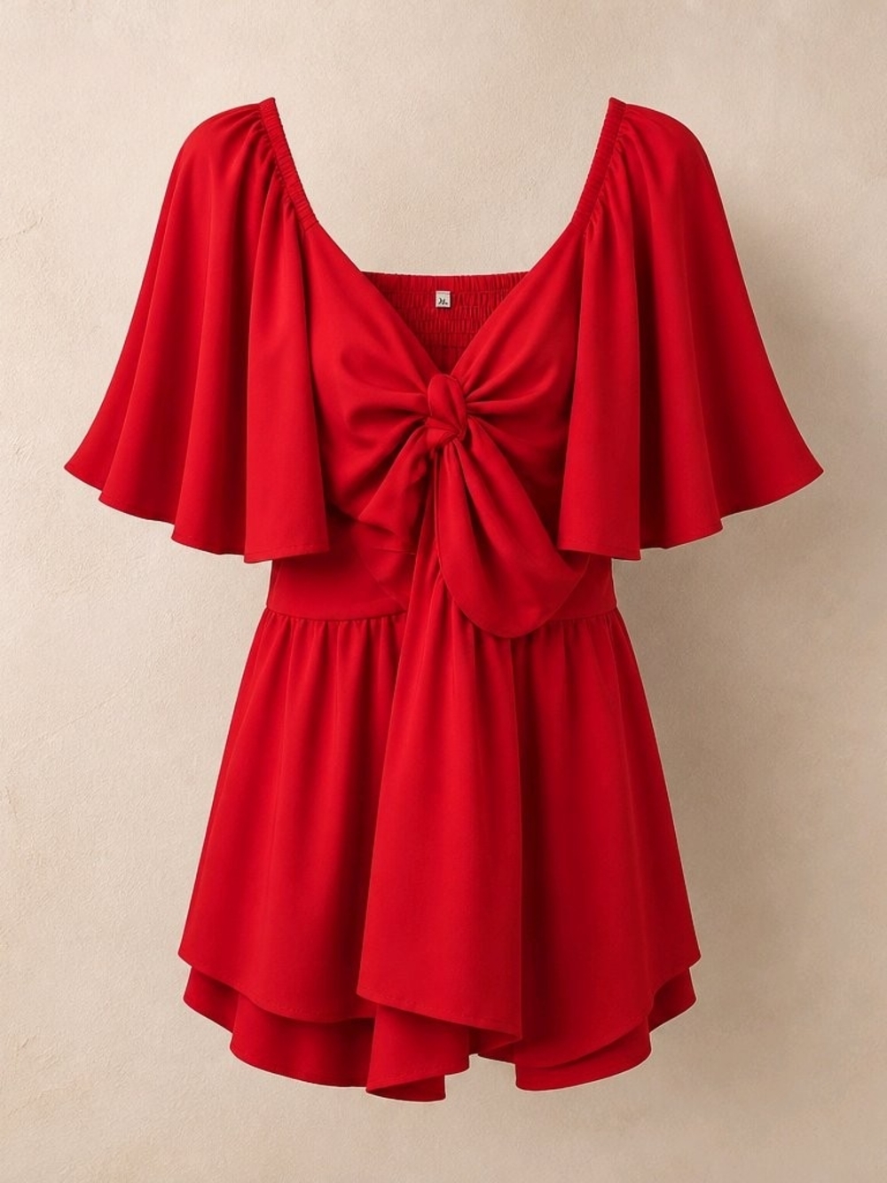 Red Knot-Front Mini Dress with Flutter Sleeves